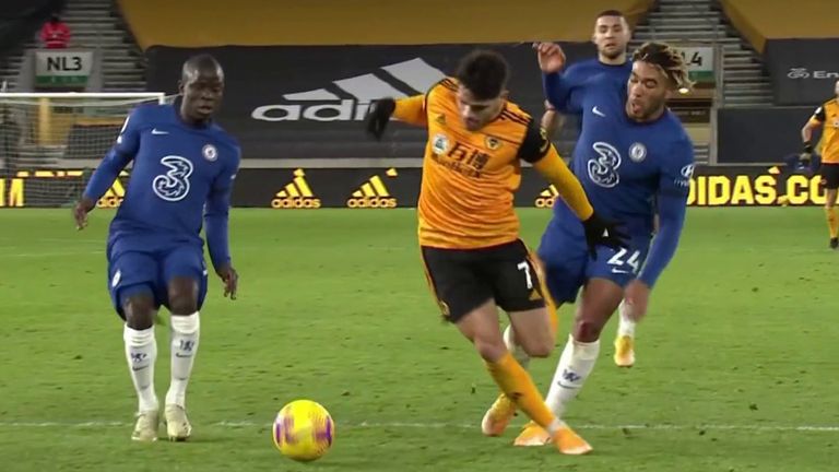 Pedro Neto goes to ground but VAR spots there had been no contact from Reece James