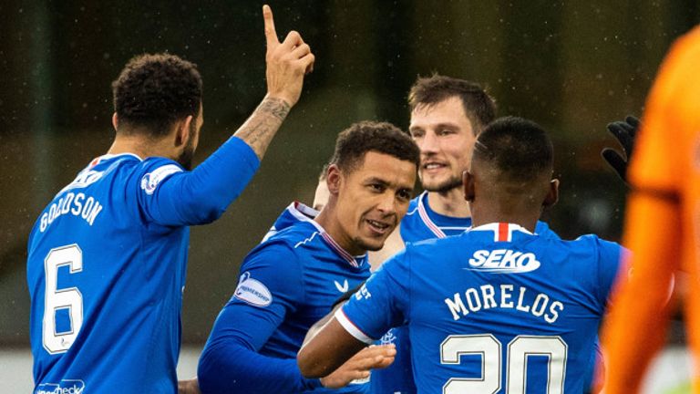 Tavernier celebrates with team-mates after his superb free kick