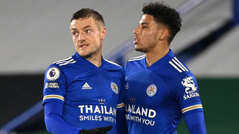 Jamie Vardy, scorer of Leicester's second goal, celebrates with James Justin