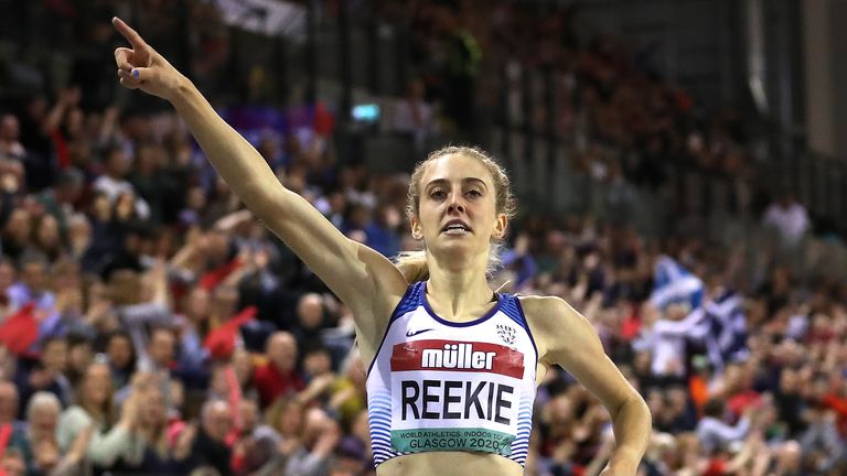 Jemma Reekie of Great Britain celebrates victory in the Women's 1500m Final during the Muller Indoor Grand Prix World Athletics Tour event at Emirates Arena on February 15, 2020 in Glasgow, Scotland