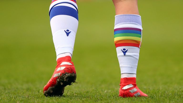 READING, ENGLAND - DECEMBER 06: A Rainbow coloured sock worn by Jess Fishlock of Reading during the Barclays FA Women's Super League match between Reading Women and Bristol City Women at Madejski Stadium on December 6, 2020 in Reading, England. (Photo by Marc Atkins/Getty Images)
