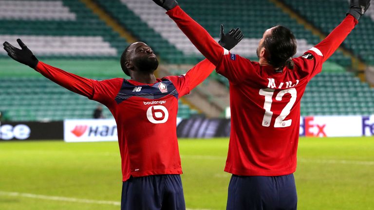 Jonathan Ikone celebrates his equaliser for Lille at Celtic Park