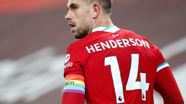 Liverpool captain Jordan Henderson wore a Rainbow Laces armband during Sunday&#39;s 4-0 win over Wolves