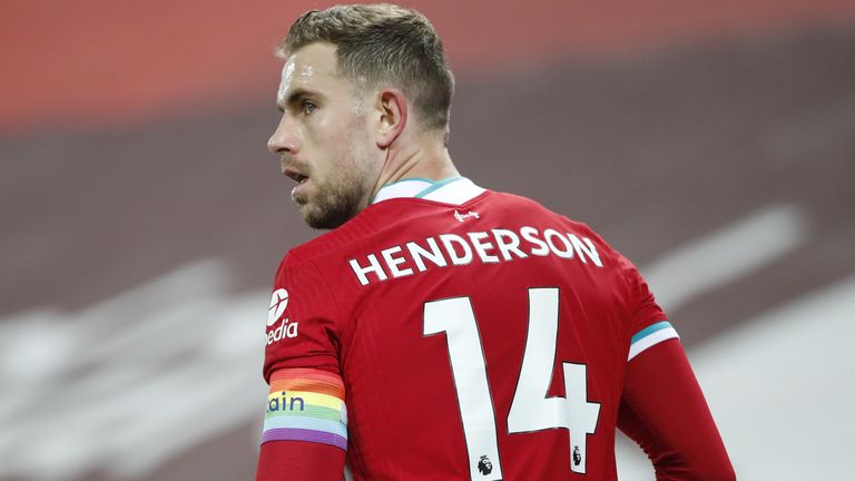 Liverpool v Wolverhampton Wanderers - Premier League - Anfield
Liverpool&#39;s Jordan Henderson wears a rainbow coloured captain&#39;s armband in support of the Rainbow Laces campaign during the Premier League match at Anfield, Liverpool. 6 December 2020