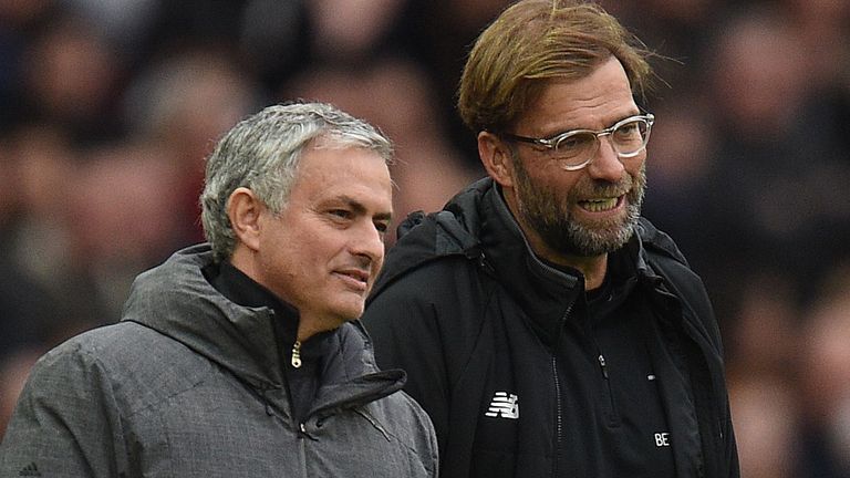 Jose Mourinho exchanges a word with Jurgen Klopp during a Man Utd-Liverpool game in December 2019