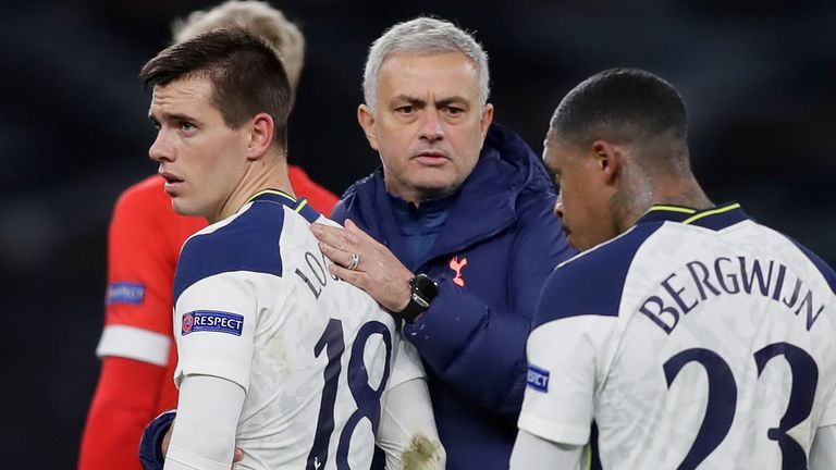 Tottenham Hotspur's Portuguese head coach Jose Mourinho (C) reacts with Tottenham Hotspur's Argentinian midfielder Giovani Lo Celso (L) and Tottenham Hotspur's Dutch midfielder Steven Bergwijn