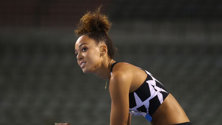 Katarina Johnson-Thompson of Great Britain and Northern Ireland reacts after missing during the High jump competition during the Memorial Van Damme Brussels 2020 Diamond League meeting at King Baudouin Stadium on September 04, 2020 in Brussels, Belgium