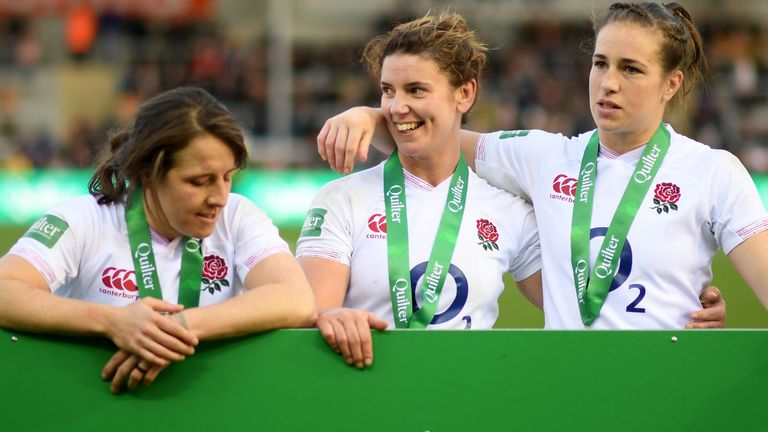 Katy Daley-Mclean is England’s third most-capped player of all time, behind Rochelle Clark and Sarah Hunter (centre), and second only to Emily Scarratt (right) in the list of all-time points scorers