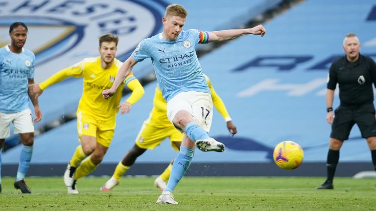 Kevin De Bruyne of Manchester City scores a penalty for his team's second goal during the Premier League match between Manchester City and Fulham at Etihad Stadium