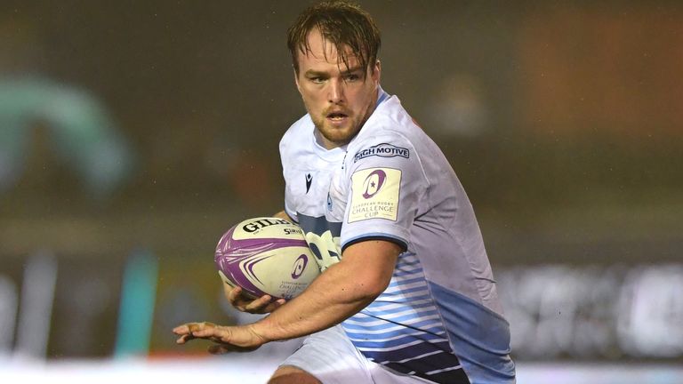 Blues player Kristian Dacey goes past Joel Hodgson of the Falcons during the European Rugby Challenge Cup match between Newcastle Falcons and Cardiff Blues at Kingston Park on December 11, 2020 in Newcastle upon Tyne, England. (Photo by Stu Forster/Getty Images)