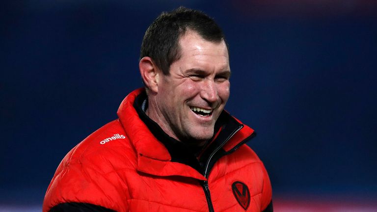 HULL, ENGLAND - NOVEMBER 27: Kristian Woolf, Head Coach of St Helens reacts after his side's victory during the Betfred Super League Grand Final between Wigan Warriors and St Helens at KCOM Stadium on November 27, 2020 in Hull, England. 