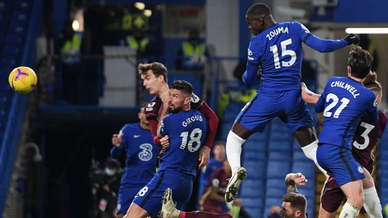 Kurt Zouma heads Chelsea in front against Leeds