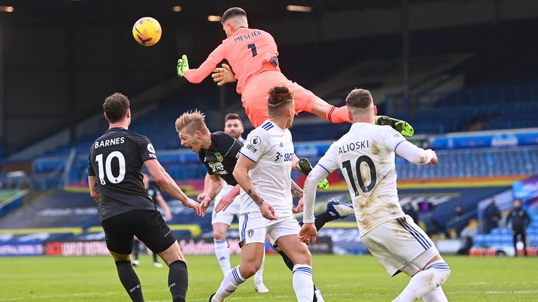 Meslier appears to clatter into Mee, but the referee gave a foul to Leeds, ruling out Barnes&#39; goal