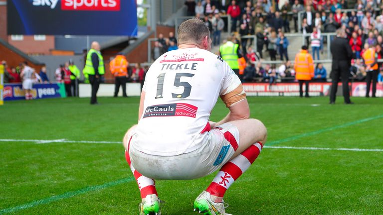  Leigh's Danny Tickle looks dejected after the loss in 2017 which saw them relegated from Super League