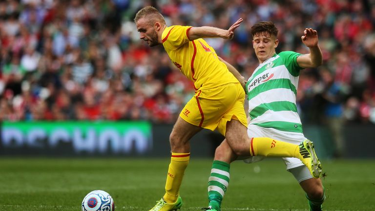 McLaughlin (L) in action for Liverpool in a pre-season friendly against Shamrock Rovers in 2014