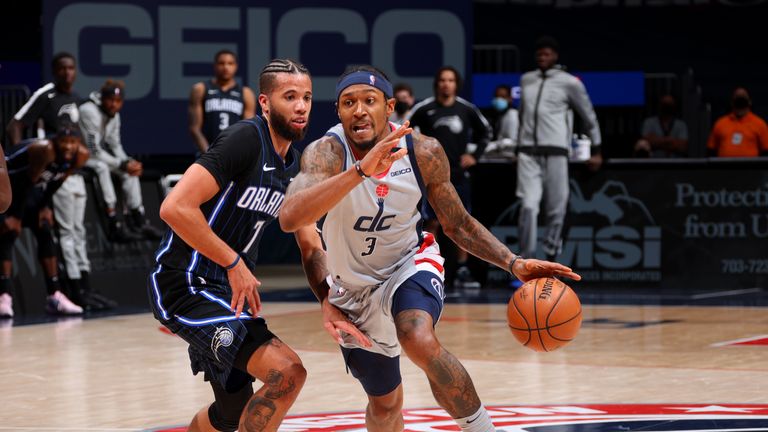 Bradley Beal #3 of the Washington Wizards moves the ball against the Orlando Magic on December 27, 2020 at Capital One Arena in Washington.