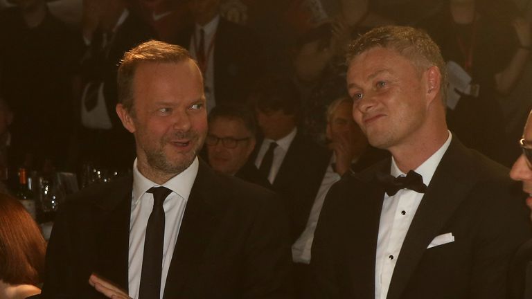 MANCHESTER, ENGLAND - NOVEMBER 25: Ed Woodward and Manager Ole Gunnar Solskjaer of Manchester United take part in a game at the annual Manchester United UNICEF Dinner at Old Trafford on November 25, 2019 in Manchester, England. (Photo by John Peters/Manchester United via Getty Images)