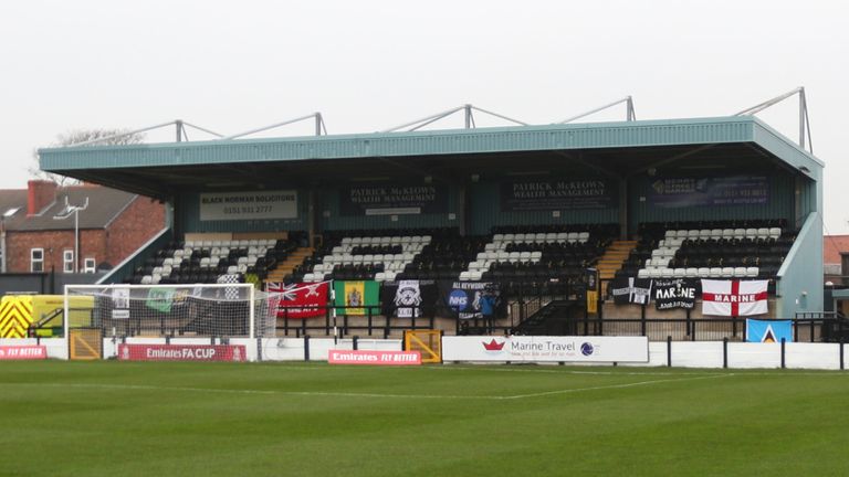 General view inside the stadium prior to the FA Cup Second Round match between Marine FC and Havant and Waterloovile at The Marine Travel Arena on November 29, 2020 in Crosby, England. Sporting stadiums around the UK remain under strict restrictions due to the Coronavirus Pandemic as Government social distancing laws prohibit fans inside venues resulting in games being played behind closed doors.