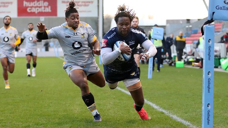 Sale Shark's Marland Yarde dives in to score his sides first try of the game during the Gallagher Premiership match at the AJ Bell Stadium, Salford.