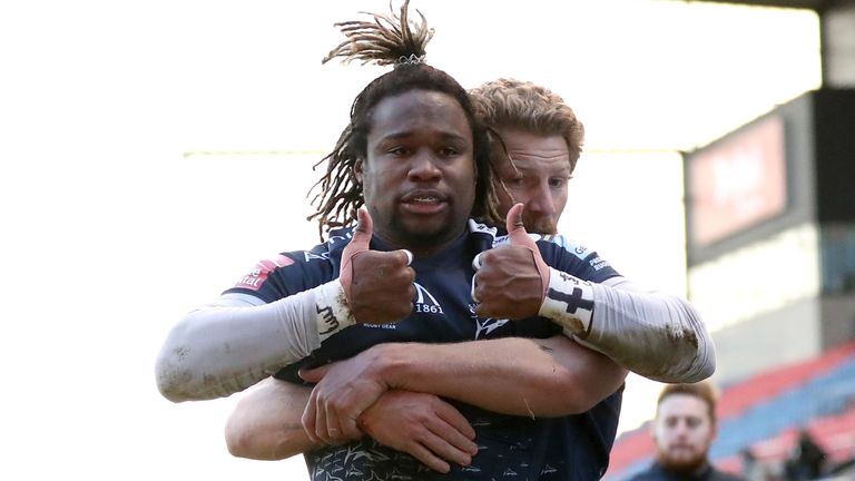 Sale Sharks v Wasps - Gallagher Premiership - AJ Bell Stadium
Sale Shark's Marland Yarde celebrates scoring his sides first try of the game during the Gallagher Premiership match at the AJ Bell Stadium, Salford.