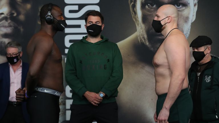 HANDOUT PICTURE COMPLIMENTS OF MATCHROOM BOXING.Martin Bakole and Sergey Kuzmin Weigh In ahead of their WBC International Heavyweight Fight tomorrow night..11 December 2020.Picture By Mark Robinson.