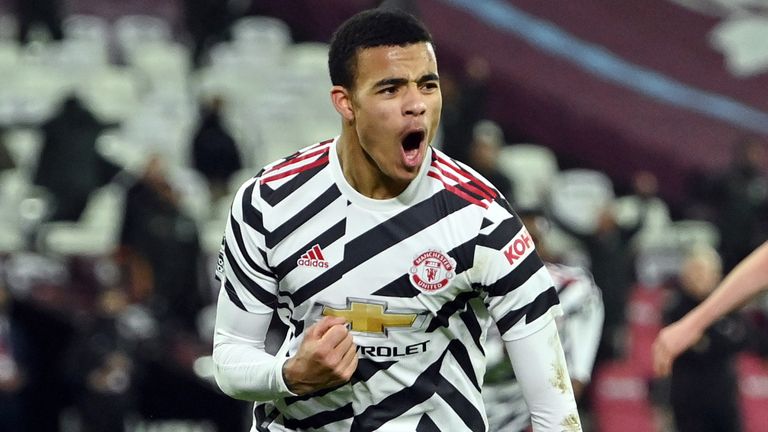 Mason Greenwood of Manchester United celebrates after scoring his team's second goal at West Ham