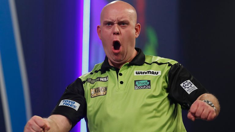 Michael van Gerwen of The Netherlands reacts during his second round match against Ryan Murray of Scotland during day five of the PDC William Hill World Darts Championship at Alexandra Palace on December 19, 2020 in London, England.