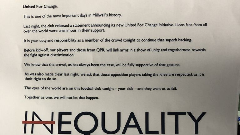 Millwall issued this letter to fans ahead of the match against QPR