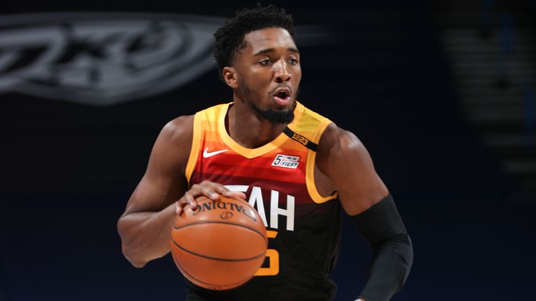 Donovan Mitchell #45 of the Utah Jazz dribbles the ball during the game against the Oklahoma City Thunder on December 28, 2020 at Chesapeake Energy Arena in Oklahoma City, Oklahoma. 