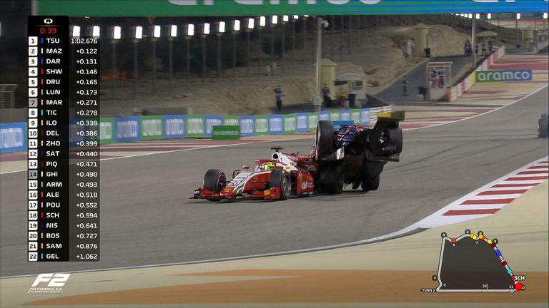 Mick Schumacher collided with Roy Nissany in qualifying, damaging his hopes of winning the Formula Two world championship at this weekend&#39;s Sakhir Grand Prix.