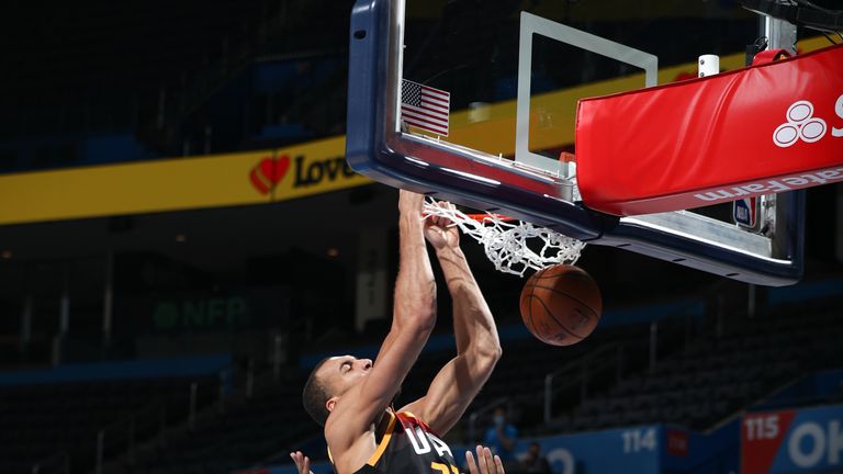 Rudy Gobert #27 of the Utah Jazz dunks the ball during the game against the Oklahoma City Thunder on December 28, 2020 at Chesapeake Energy Arena in Oklahoma City, Oklahoma.