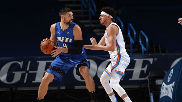 Nikola Vucevic #9 of the Orlando Magic handles the ball during the game against the Oklahoma City Thunder on December 29, 2020 at Chesapeake Energy Arena in Oklahoma City, Oklahoma. 