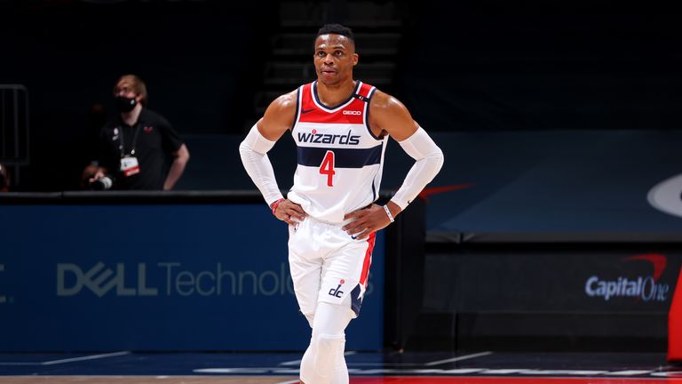 Russell Westbrook #4 of the Washington Wizards looks on during the game against the Chicago Bulls on December 29, 2020 at Capital One Arena in Washington, DC.