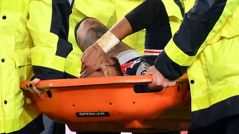 Neymar was in tears as he was carried off on a stretcher at the Parc des Princes on Sunday