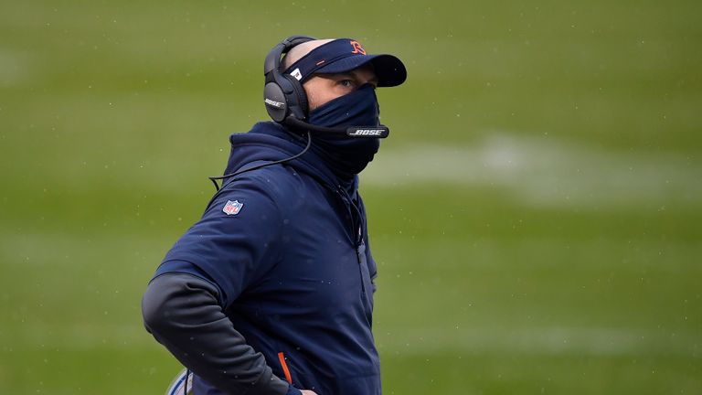 Head coach Matt Nagy of the Chicago Bears looks on against the Detroit Lions during the first half at Soldier Field on December 06, 2020 in Chicago, Illinois. 