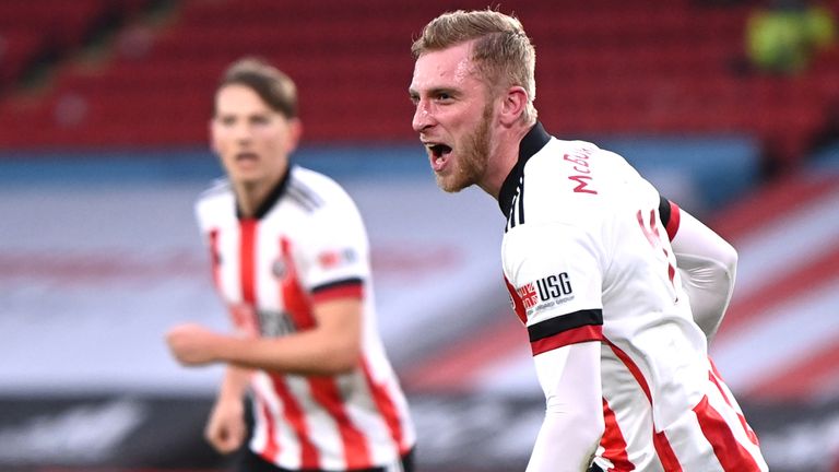 Oli McBurnie celebrates after equalising for Sheffield United against Leicester