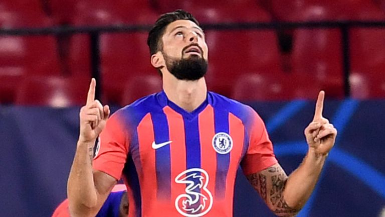 Olivier Giroud signals skywards after opening the scoring for Chelsea against Sevilla