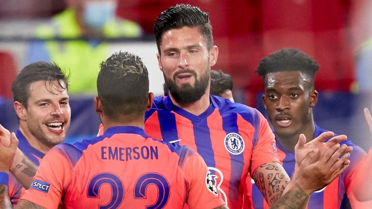 Olivier Giroud is congratulated by his team-mates after giving Chelsea the lead