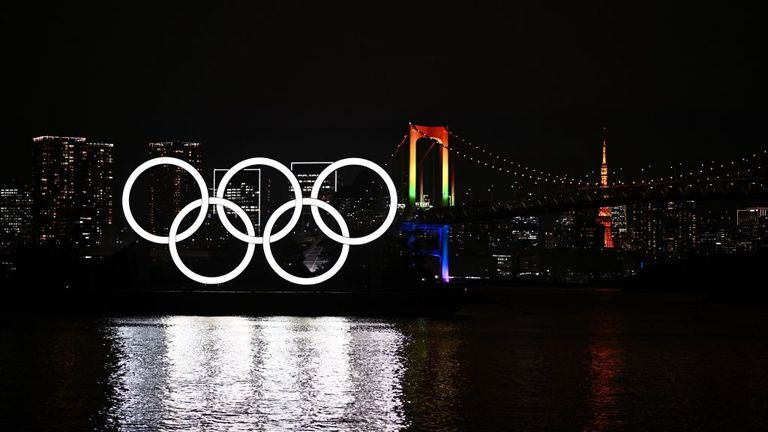 The Olympic rings were lit at the waterfront of Odaiba in Tokyo on Monday night