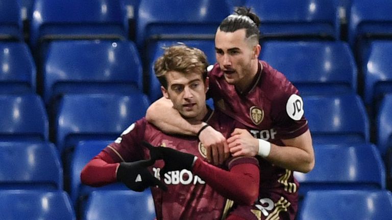 Patrick Bamford of Leeds United celebrates after scoring against Chelsea