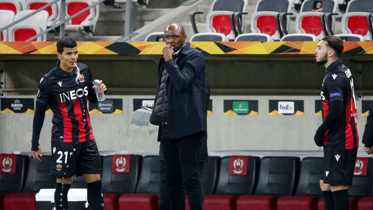 Vieira on the touchline during Nice's Europa League defeat at home to Bayer Leverkusen