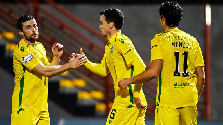 Hibernian's Paul McGinn (centre) celebrates his goal - his third in three games