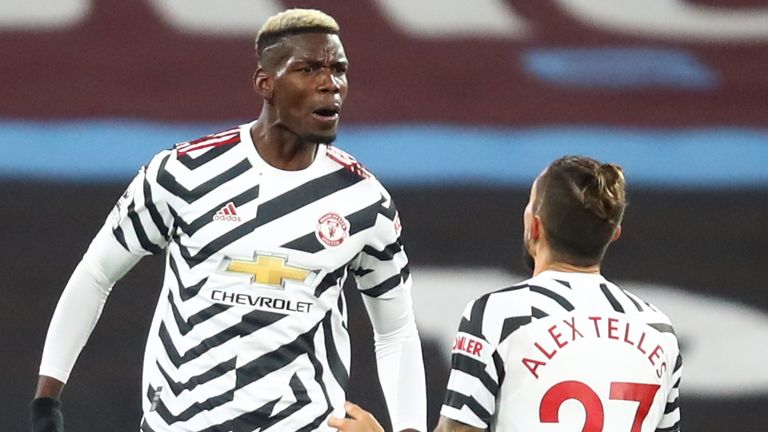 Paul Pogba celebrates with Alex Telles after equalising for Manchester United at West Ham
