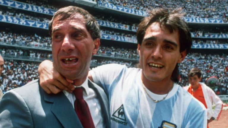 Pedro Pasculli, room-mate of Diego Maradona at the 1986 World Cup, celebrates Argentina's triumph with coach Carlos Bilardo