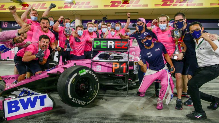 Sergio Perez celebrates with his Racing Point teammates in Bahrain