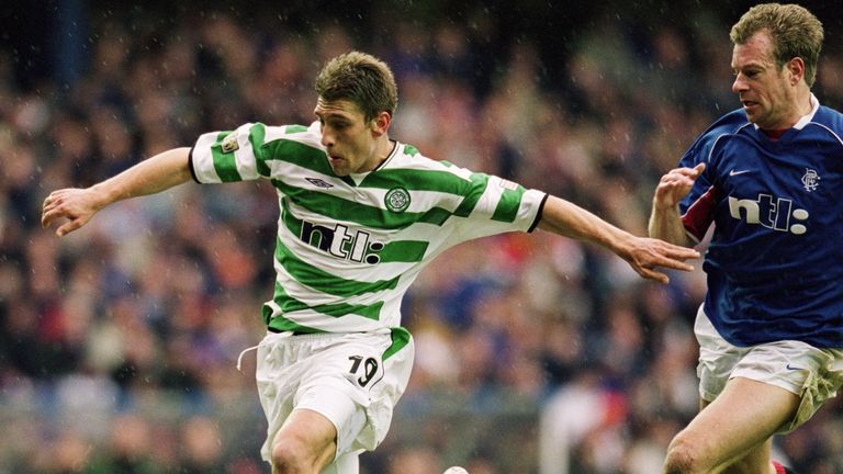 Petrov of Celtic scores the opening goal of the match during the Scottish Premier Division match between Rangers and Celtic held on March 10, 2002 at Ibrox, in Glasgow, Scotland. The match ended in a 1-1 draw