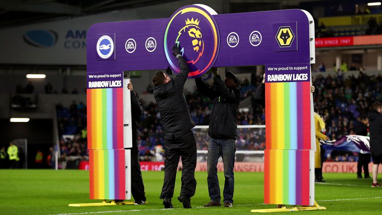 BRIGHTON, ENGLAND - DECEMBER 08: Stonewall Rainbow Laces branding is seen prior to the Premier League match between Brighton & Hove Albion and Wolverhampton Wanderers at American Express Community Stadium on December 08, 2019 in Brighton, United Kingdom. (Photo by Bryn Lennon/Getty Images)
