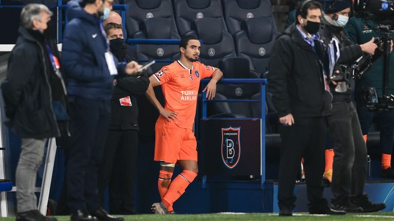 Basaksehir&#39;s Brazilian defender Rafael looks on after the game was suspended