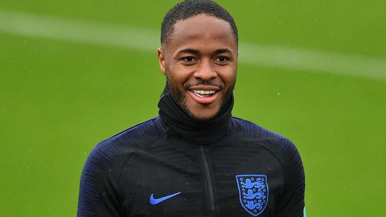 England's midfielder Raheem Sterling smiles during an England team training session at Staplewood Campus in southampton, southern England on September 9, 2019, ahead of their Euro 2020 football qualification match against Kosovo. (Photo by Glyn KIRK / AFP