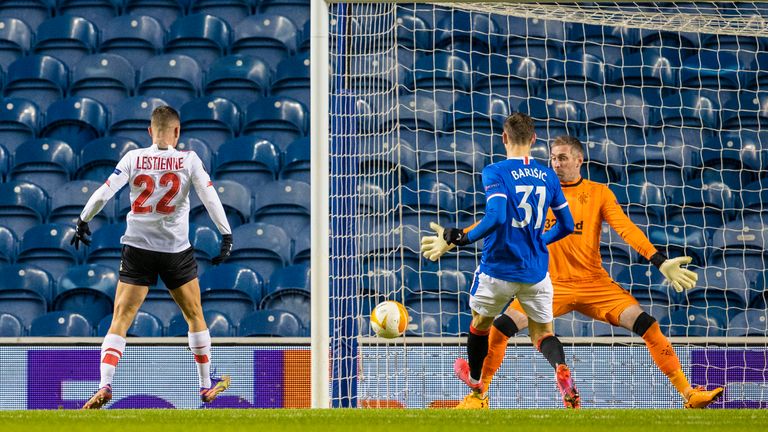 Maxime Lestienne beats Rangers Allan McGregor to make it 1-0